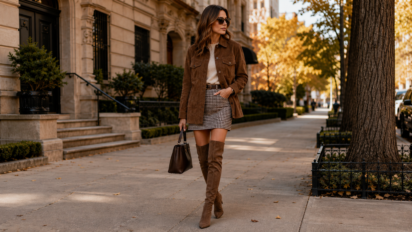 Suede Shacket with Houndstooth Mini Skirt and Over-the-Knee Boots Fall Outfit
